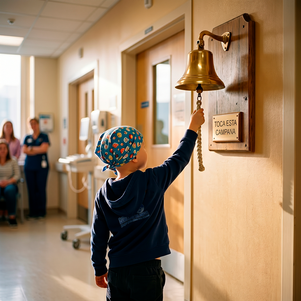 Niño tocando la campana de la esperanza